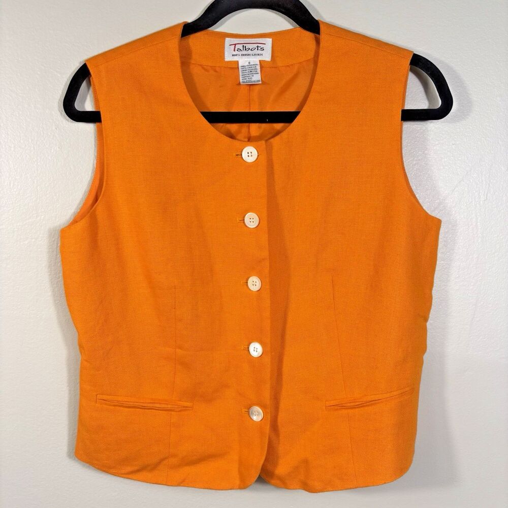 Vtg Talbots 100% Irish Linen Size 8 Womens Neon Orange Button Down Vest - EUC